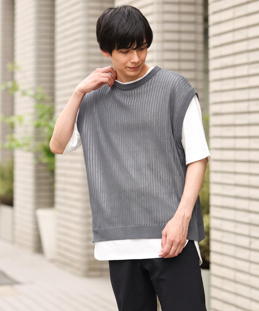 KHFHP53059 a.v.v MEN(アー・ヴェ・ヴェ) 【2SET/ドライタッチ】透かし編みニットベスト（カットソー付き） グリーン
