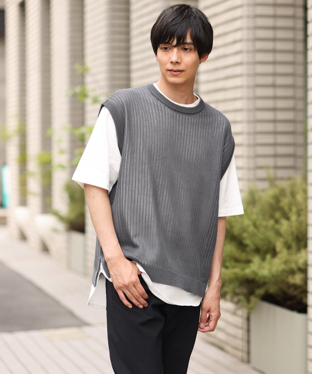 KHFHP53059 a.v.v MEN(アー・ヴェ・ヴェ) 【2SET/ドライタッチ】透かし編みニットベスト（カットソー付き） グリーン