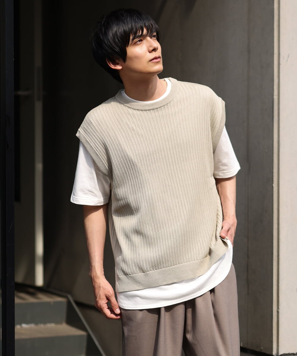 KHFHP53059 a.v.v MEN(アー・ヴェ・ヴェ) 【2SET/ドライタッチ】透かし編みニットベスト（カットソー付き） グリーン