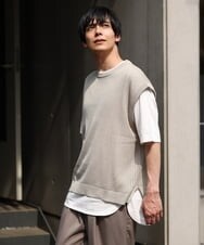 KHFHP53059 a.v.v MEN(アー・ヴェ・ヴェ) 【2SET/ドライタッチ】透かし編みニットベスト（カットソー付き） グリーン