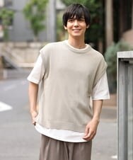 KHFHP53059 a.v.v MEN(アー・ヴェ・ヴェ) 【2SET/ドライタッチ】透かし編みニットベスト（カットソー付き） グリーン