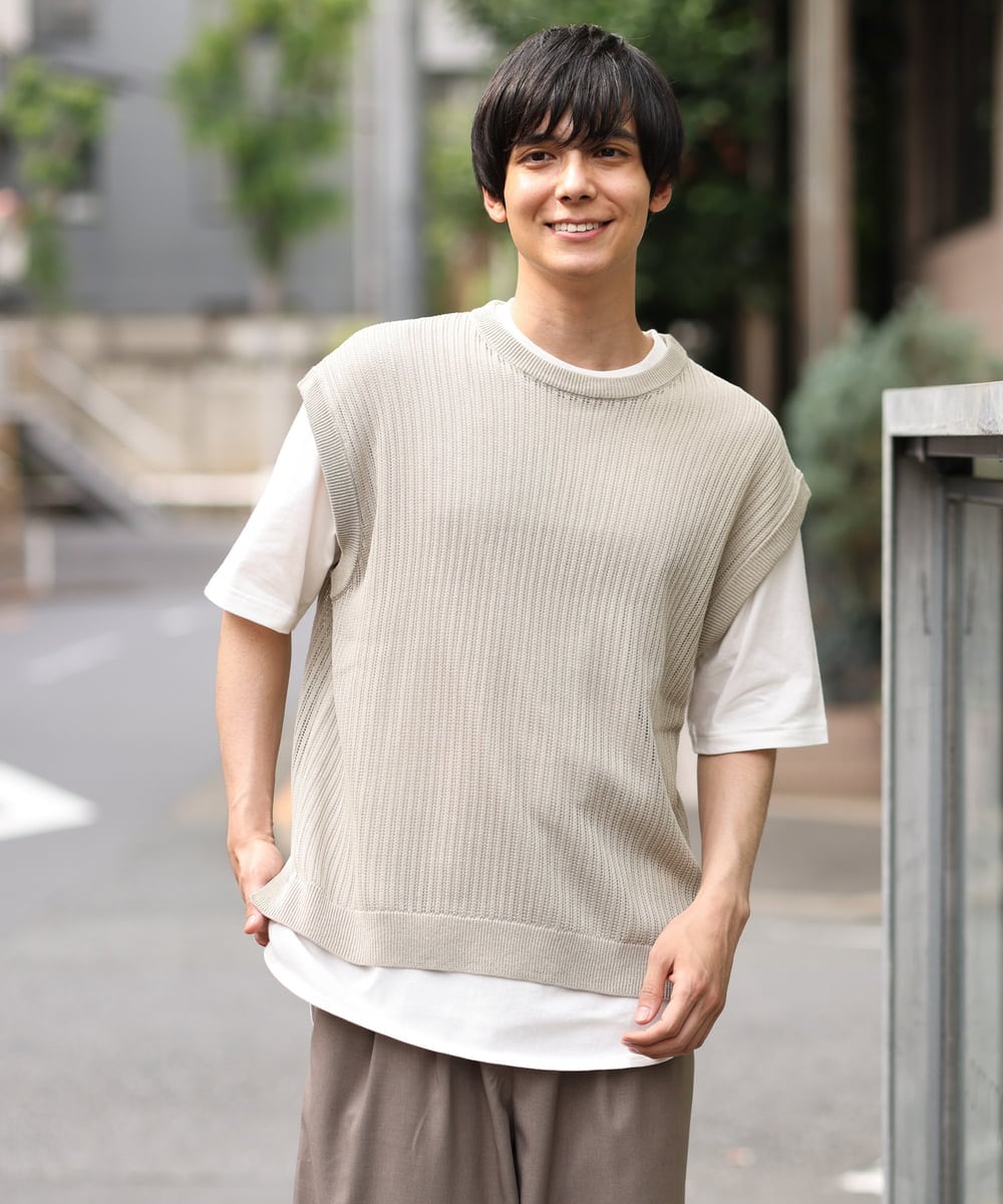 KHFHP53059 a.v.v MEN(アー・ヴェ・ヴェ) 【2SET/ドライタッチ】透かし編みニットベスト（カットソー付き） グリーン