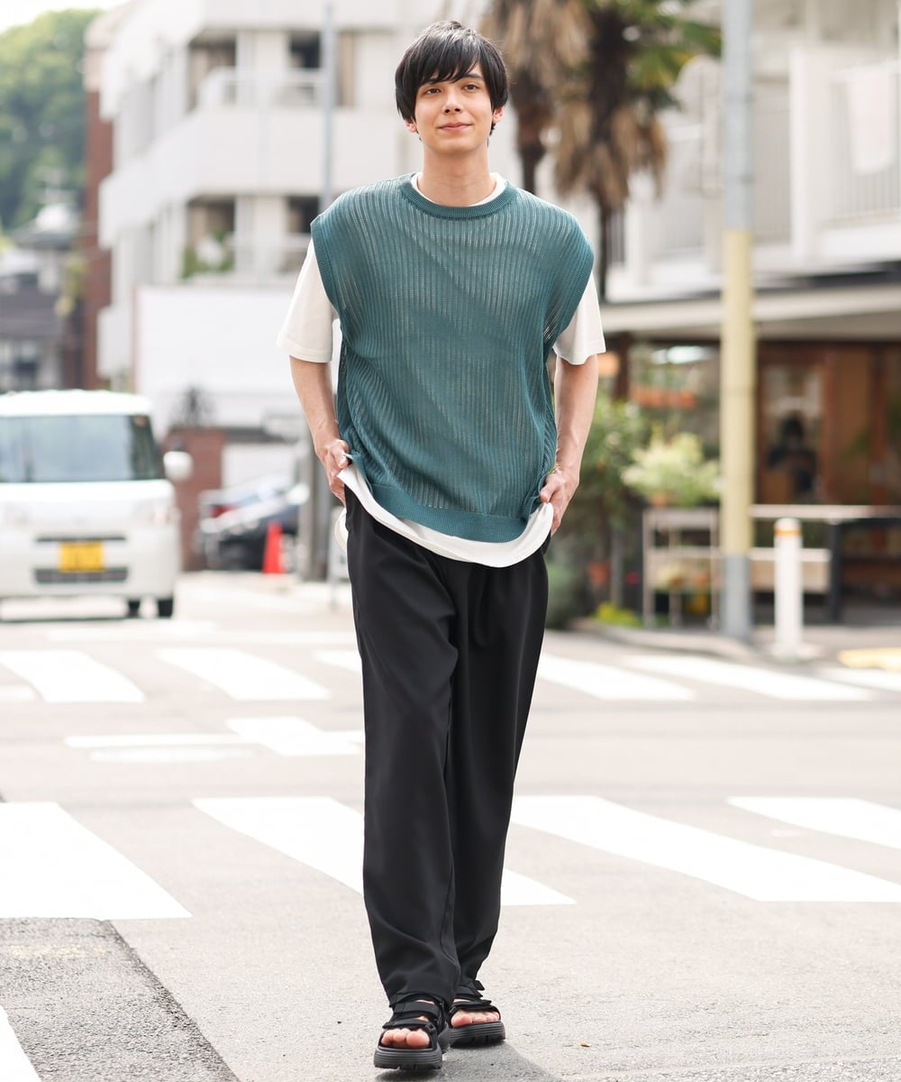 KHFHP53059 a.v.v MEN(アー・ヴェ・ヴェ) 【2SET/ドライタッチ】透かし編みニットベスト（カットソー付き） グリーン