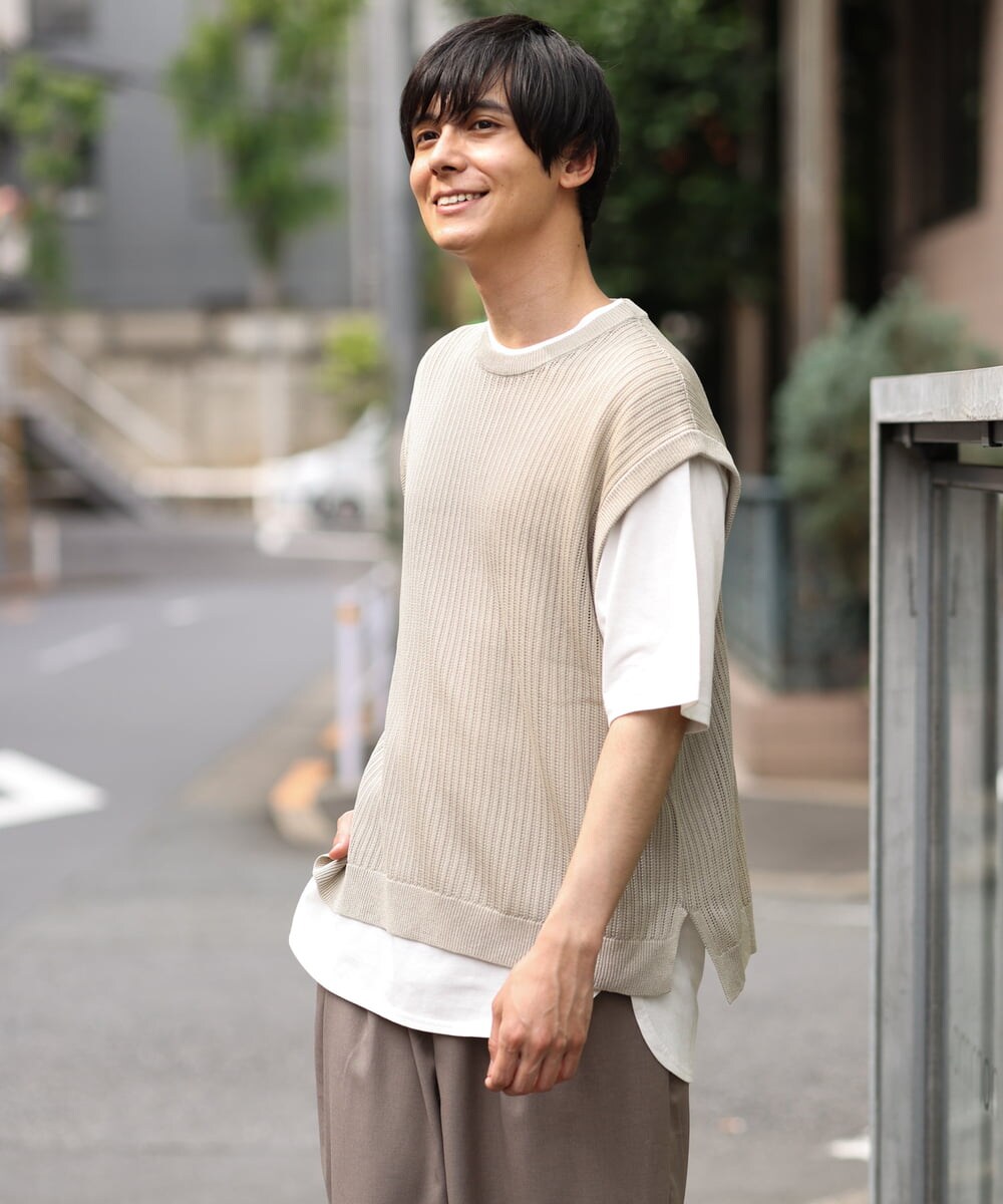 KHFHP53059 a.v.v MEN(アー・ヴェ・ヴェ) 【2SET/ドライタッチ】透かし編みニットベスト（カットソー付き） グリーン