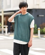 KHFHP53059 a.v.v MEN(アー・ヴェ・ヴェ) 【2SET/ドライタッチ】透かし編みニットベスト（カットソー付き） グリーン