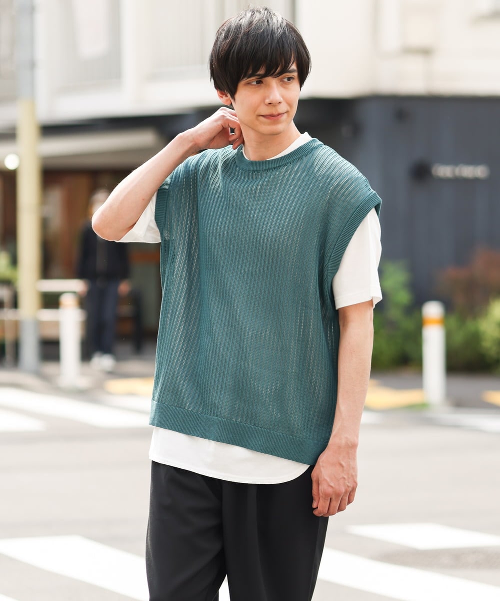 KHFHP53059 a.v.v MEN(アー・ヴェ・ヴェ) 【2SET/ドライタッチ】透かし編みニットベスト（カットソー付き） グリーン