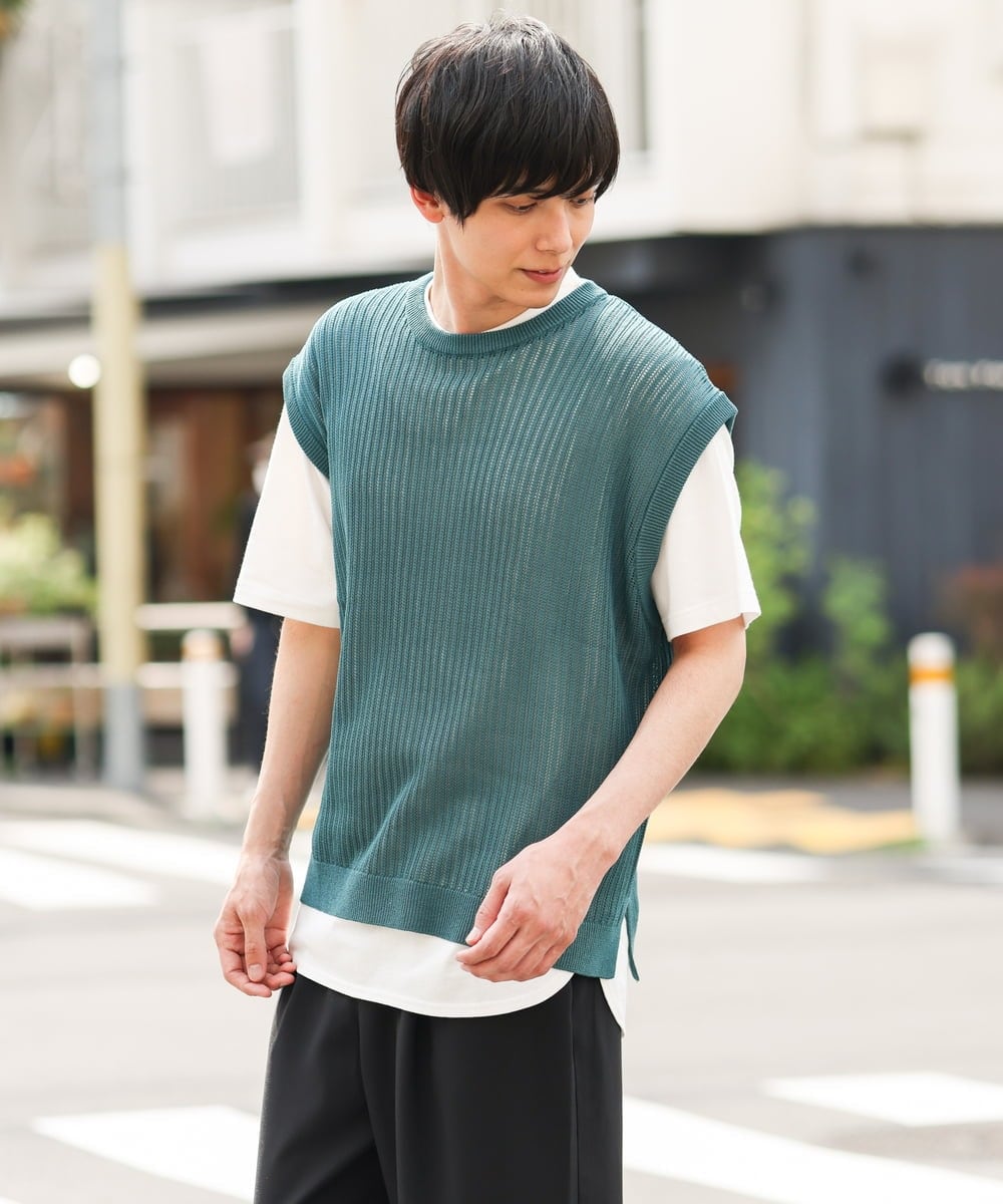KHFHP53059 a.v.v MEN(アー・ヴェ・ヴェ) 【2SET/ドライタッチ】透かし編みニットベスト（カットソー付き） グリーン