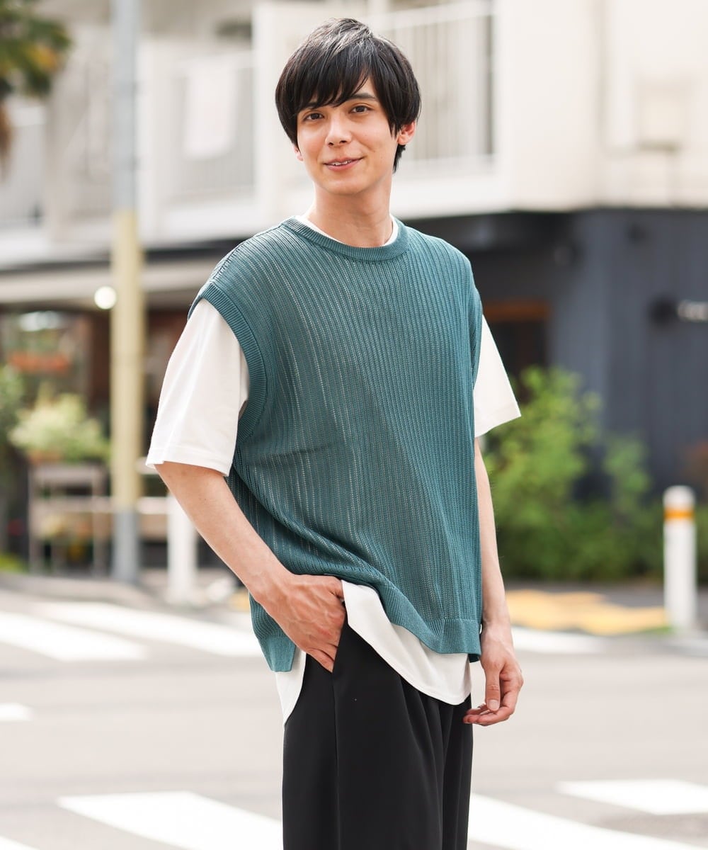 KHFHP53059 a.v.v MEN(アー・ヴェ・ヴェ) 【2SET/ドライタッチ】透かし編みニットベスト（カットソー付き） グリーン