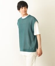 KHFHP53059 a.v.v MEN(アー・ヴェ・ヴェ) 【2SET/ドライタッチ】透かし編みニットベスト（カットソー付き） グリーン