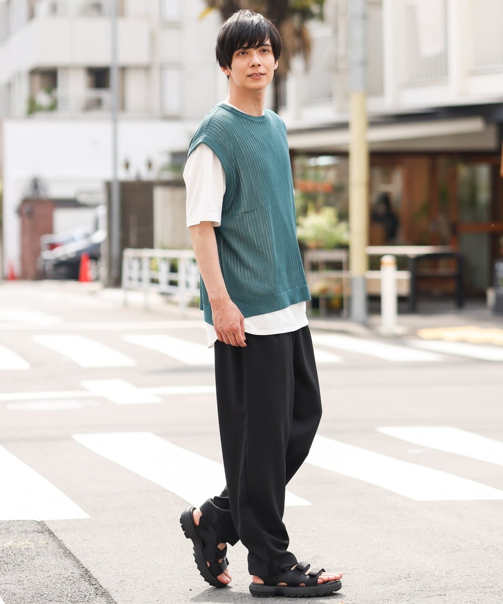 KHFHP53059 a.v.v MEN(アー・ヴェ・ヴェ) 【2SET/ドライタッチ】透かし編みニットベスト（カットソー付き） グリーン