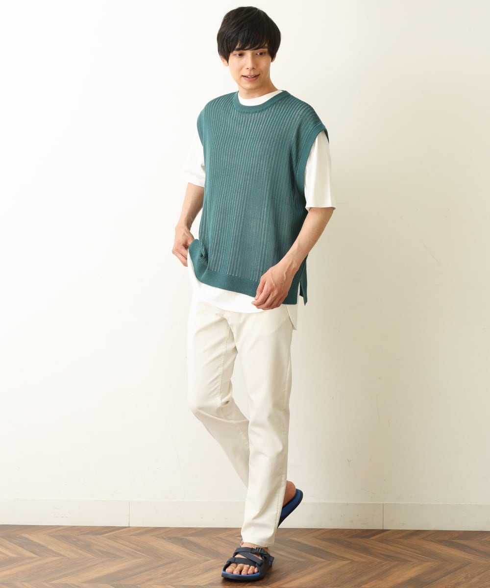KHFHP53059 a.v.v MEN(アー・ヴェ・ヴェ) 【2SET/ドライタッチ】透かし編みニットベスト（カットソー付き） グリーン