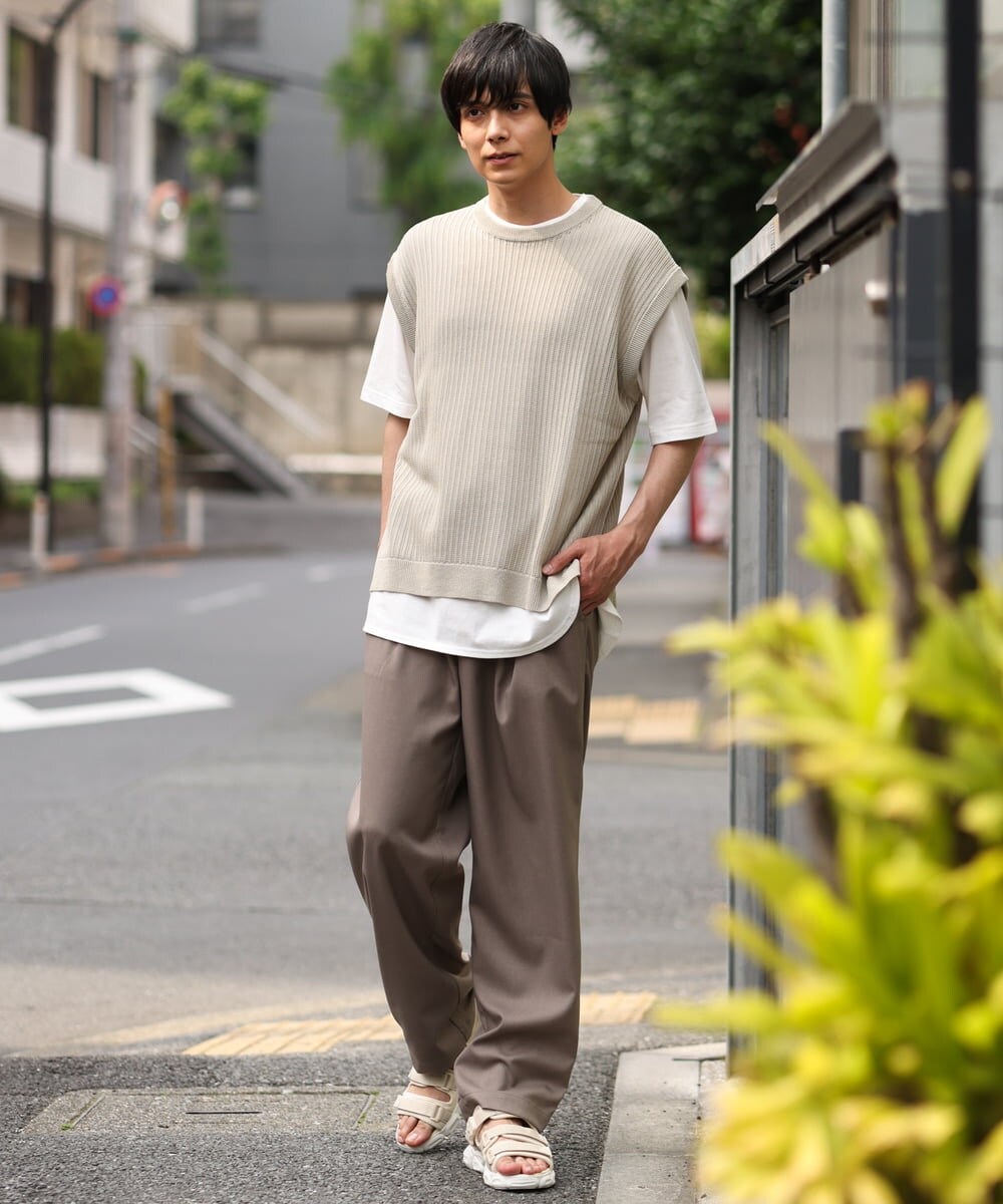 KHFHP53059 a.v.v MEN(アー・ヴェ・ヴェ) 【2SET/ドライタッチ】透かし編みニットベスト（カットソー付き） グリーン