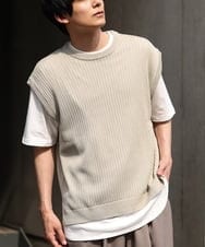 KHFHP53059 a.v.v MEN(アー・ヴェ・ヴェ) 【2SET/ドライタッチ】透かし編みニットベスト（カットソー付き） ベージュ