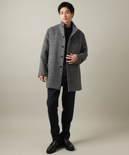 KHJAA21199 a.v.v MEN(アー・ヴェ・ヴェ) 【ON/OFF兼用】ウールライトビーバーチェック柄スタンドカラーコート（ミドル丈） ダークグレーチェック柄