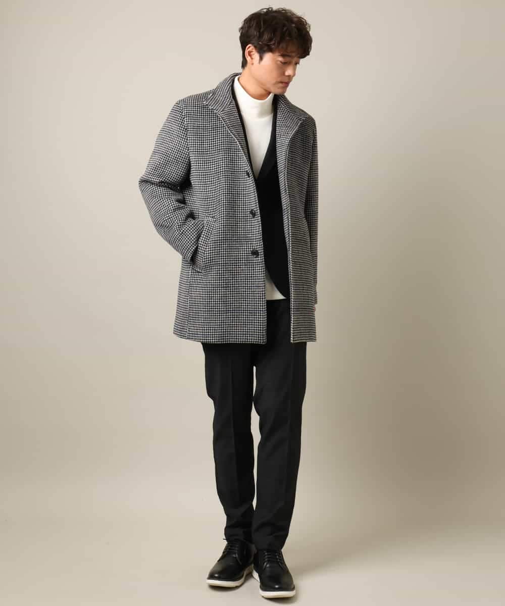 KHJAA21199 a.v.v MEN(アー・ヴェ・ヴェ) 【ON/OFF兼用】ウールライトビーバーチェック柄スタンドカラーコート（ミドル丈） ダークグレーチェック柄