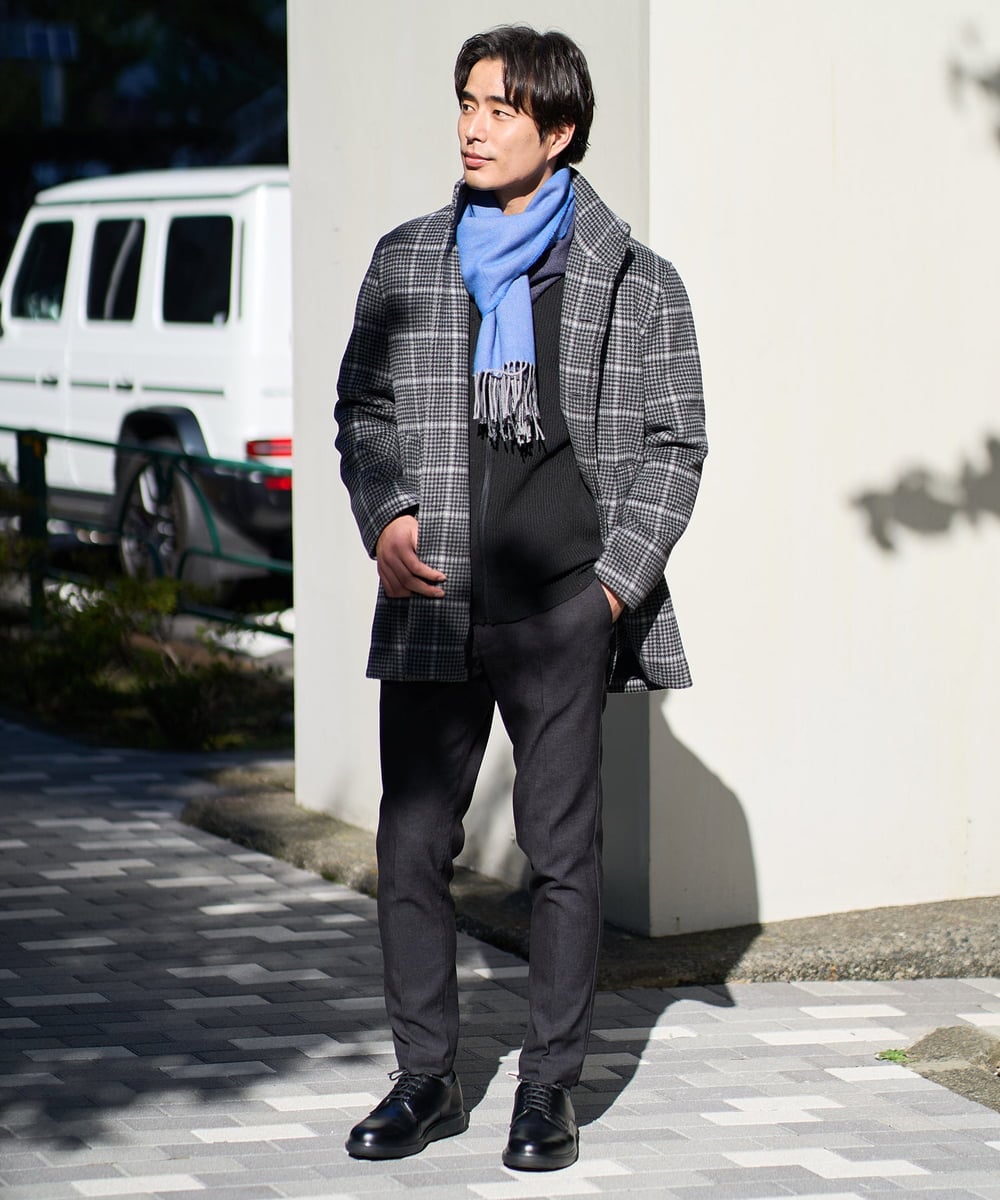 KHJAD21209 a.v.v MEN(アー・ヴェ・ヴェ) ウールライトビーバーチェックスタンドカラージャケット ダークグレー