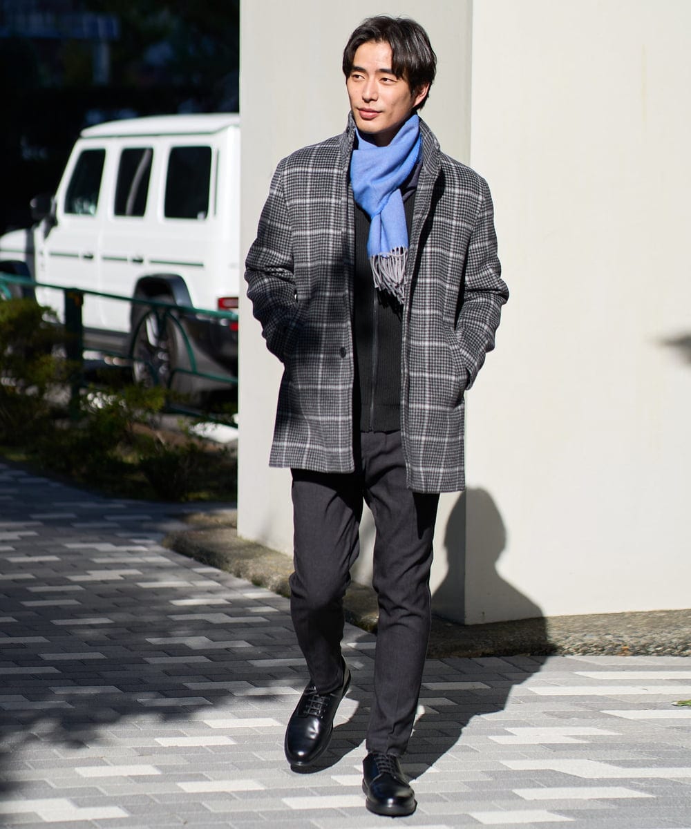 KHJAD21209 a.v.v MEN(アー・ヴェ・ヴェ) ウールライトビーバーチェックスタンドカラージャケット ダークグレー