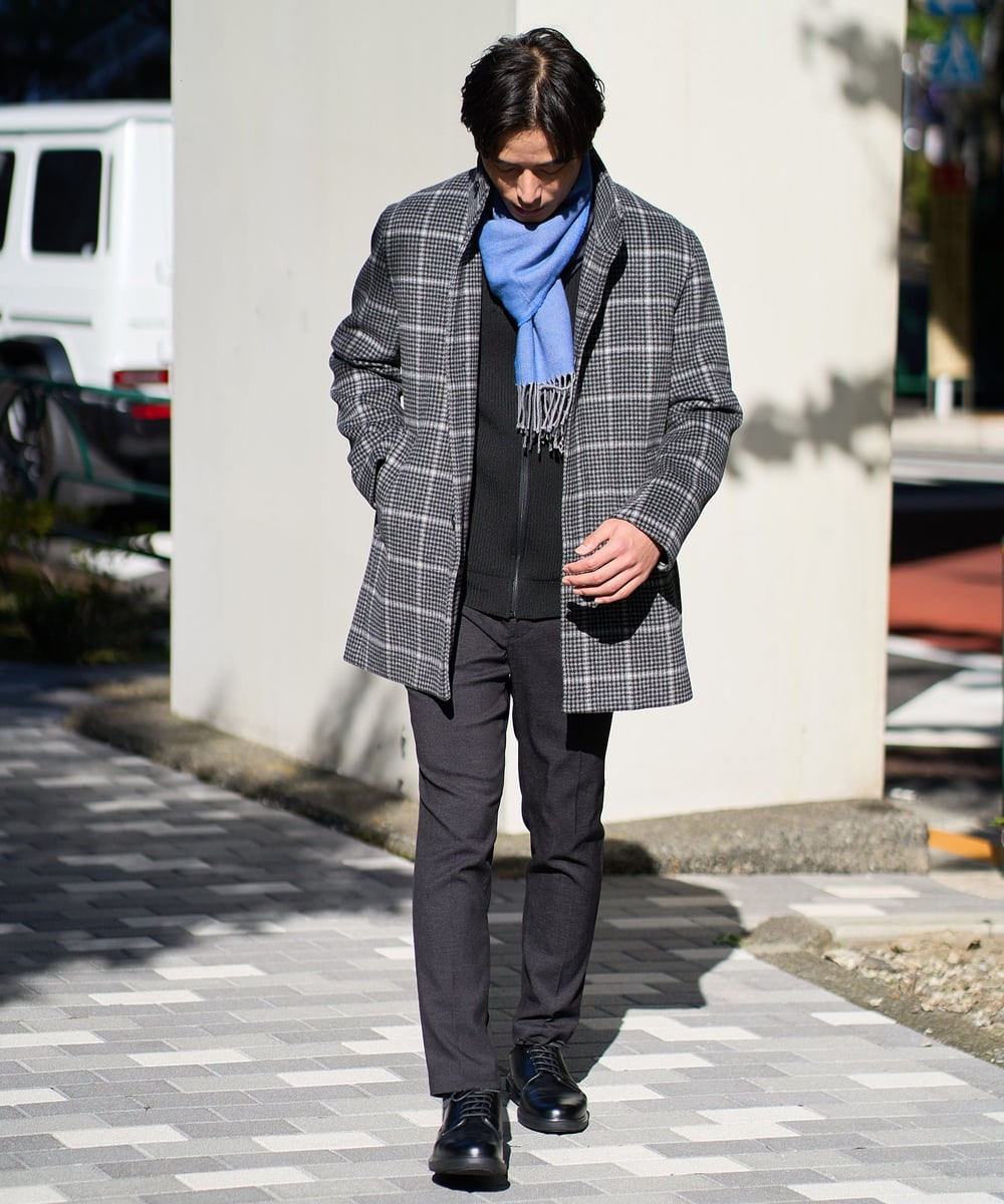 KHJAD21209 a.v.v MEN(アー・ヴェ・ヴェ) ウールライトビーバーチェックスタンドカラージャケット ダークグレー