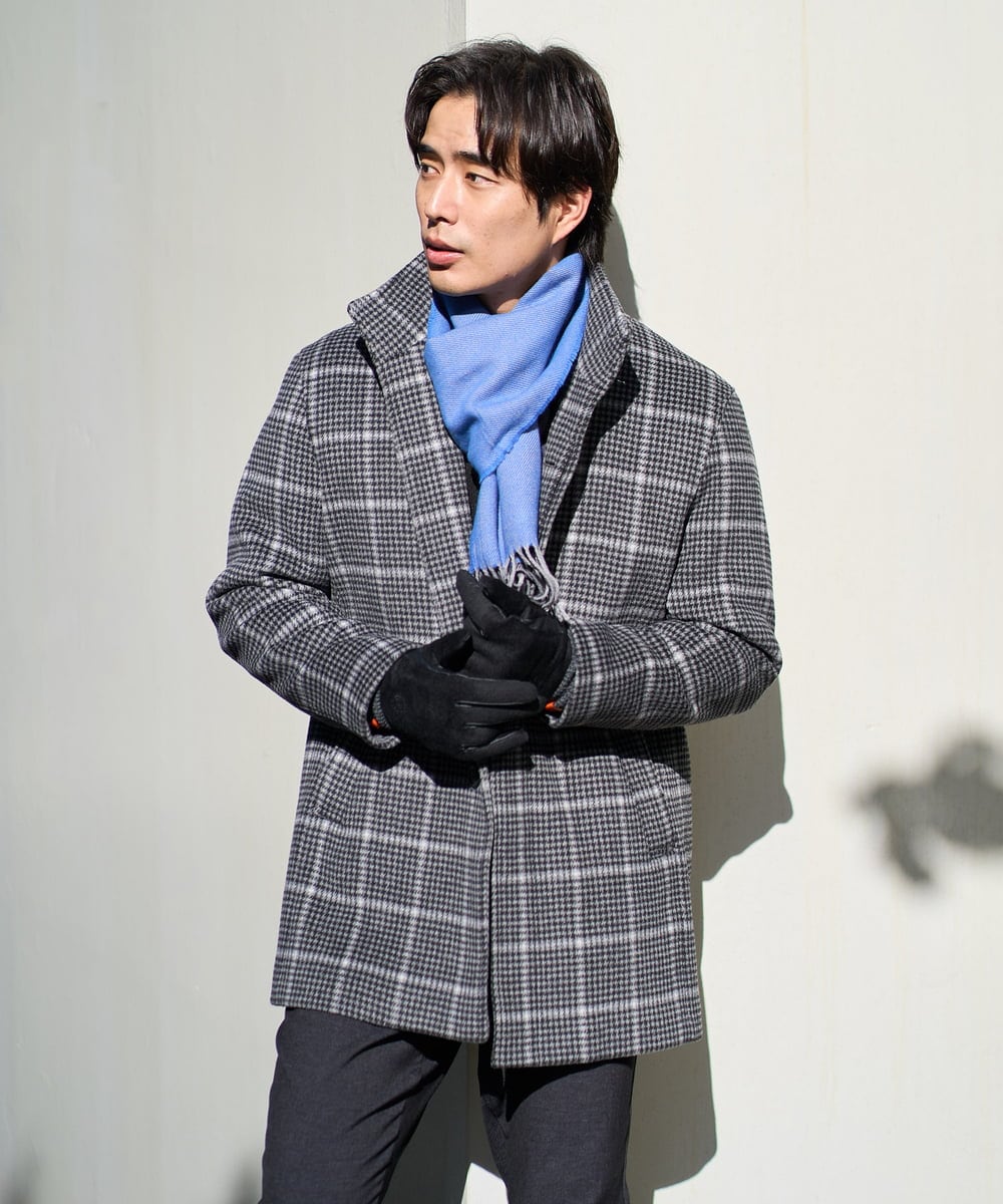 KHJAD21209 a.v.v MEN(アー・ヴェ・ヴェ) ウールライトビーバーチェックスタンドカラージャケット ダークグレー