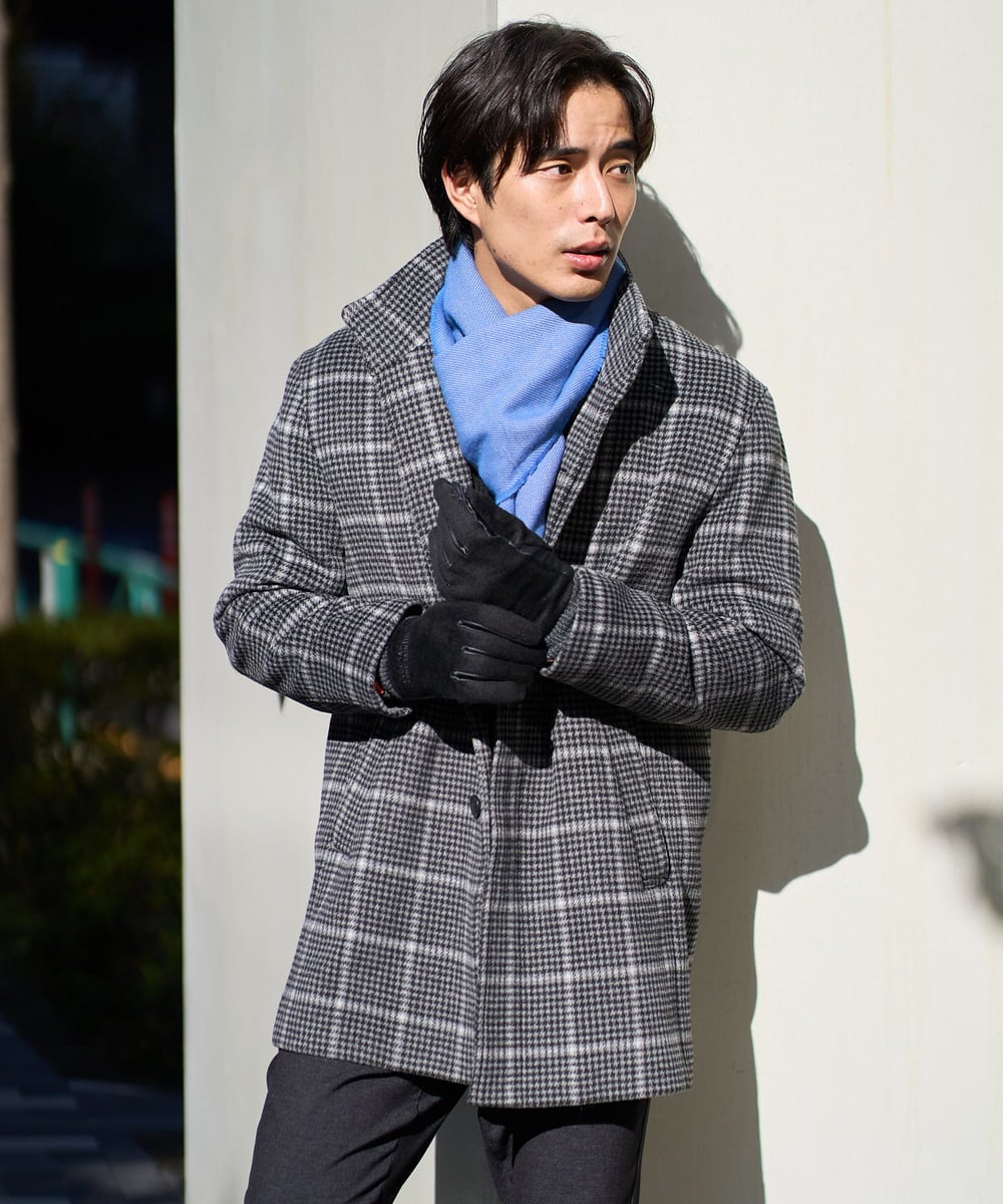 KHJAD21209 a.v.v MEN(アー・ヴェ・ヴェ) ウールライトビーバーチェックスタンドカラージャケット ダークグレー