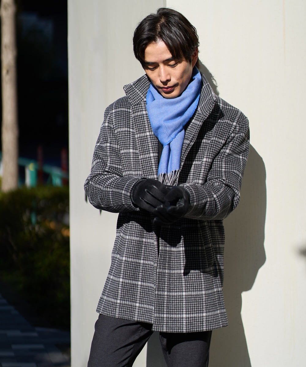 KHJAD21209 a.v.v MEN(アー・ヴェ・ヴェ) ウールライトビーバーチェックスタンドカラージャケット ダークグレー