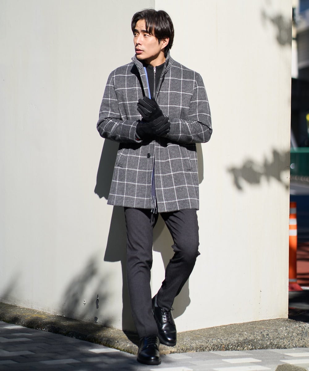 KHJAD21209 a.v.v MEN(アー・ヴェ・ヴェ) ウールライトビーバーチェックスタンドカラージャケット ダークグレー