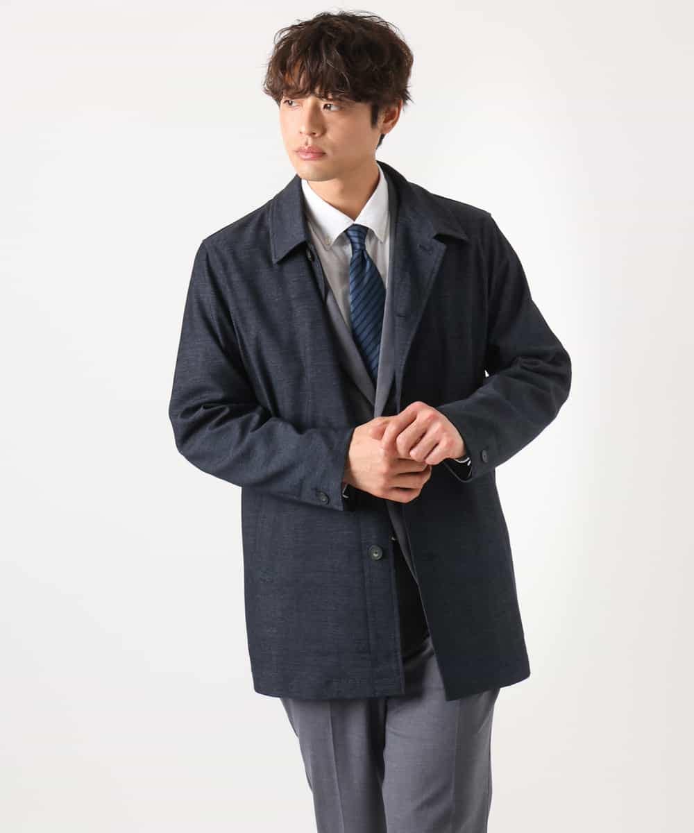 KHJEA12129 a.v.v MEN(アー・ヴェ・ヴェ) 【洗濯機で洗える】スマートシャンブレーステンカラーショートコート(ON/OFF兼用 セットアップ可) ネイビー