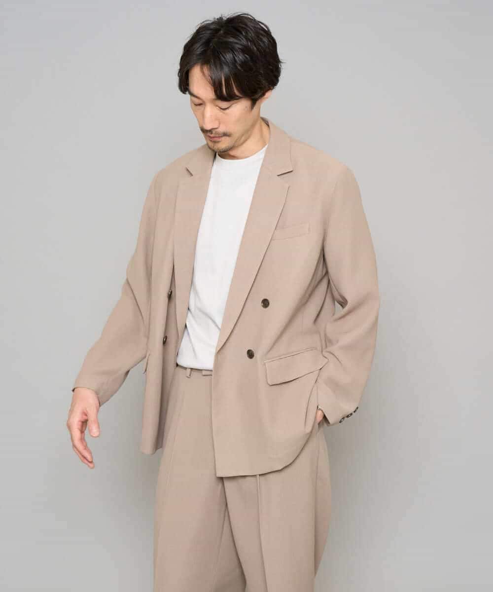 KHJFD13129 a.v.v MEN(アー・ヴェ・ヴェ) 【イージーケア/洗濯機で洗える/毛玉になりにくい/ストレッチ】メッシュストレッチダブルブレストジャケット ベージュ