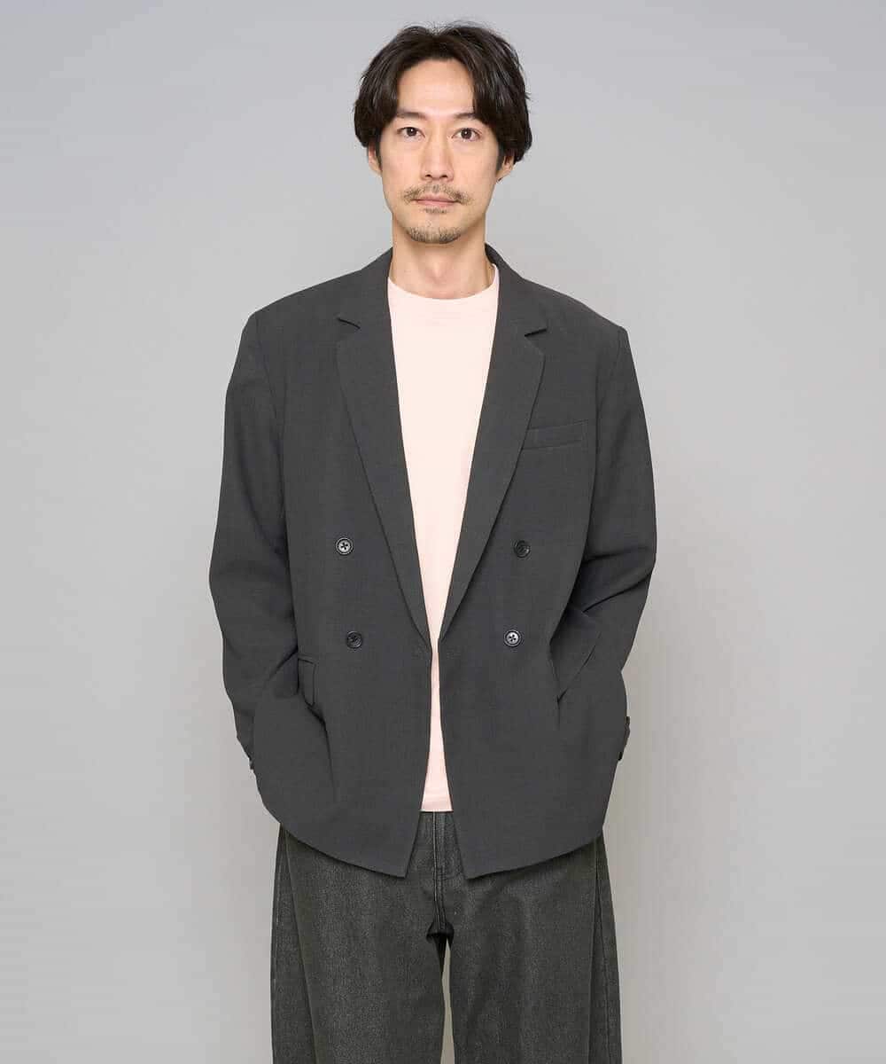 KHJFD13129 a.v.v MEN(アー・ヴェ・ヴェ) 【イージーケア/洗濯機で洗える/毛玉になりにくい/ストレッチ】メッシュストレッチダブルブレストジャケット ダークグレー