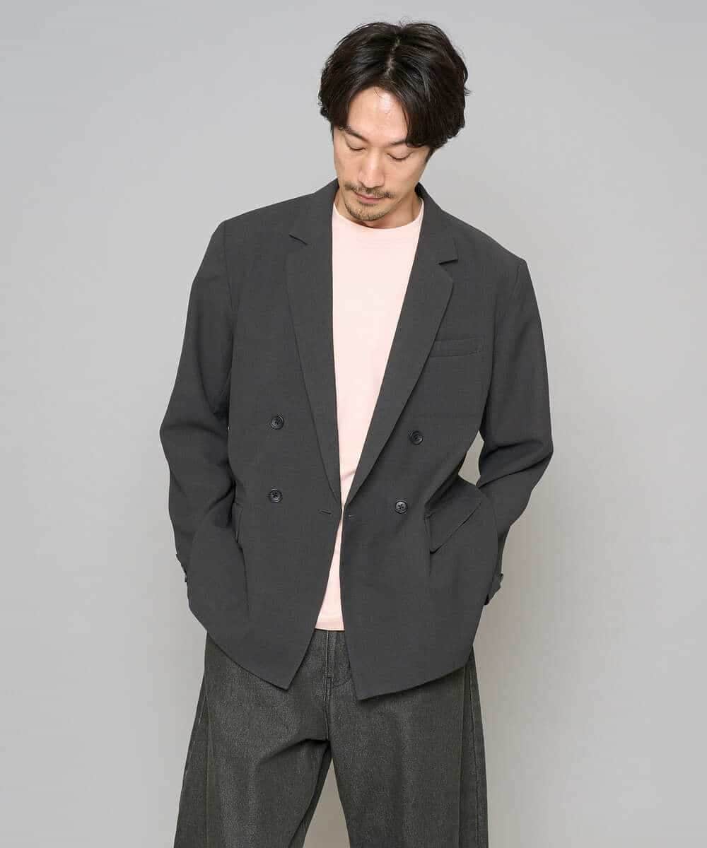 KHJFD13129 a.v.v MEN(アー・ヴェ・ヴェ) 【イージーケア/洗濯機で洗える/毛玉になりにくい/ストレッチ】メッシュストレッチダブルブレストジャケット ダークグレー