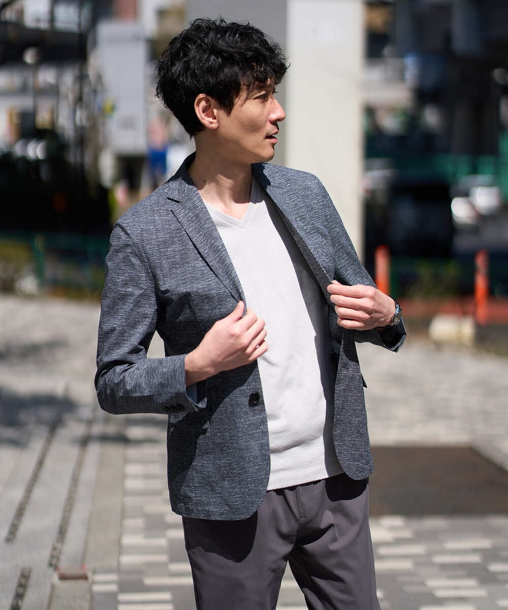 KHJGD74129 a.v.v MEN(アー・ヴェ・ヴェ) 【イージーケア/洗濯機で洗える/速乾/毛玉になりにくい/ストレッチ】サッカーハニカムプリントスマートジャケット ネイビー