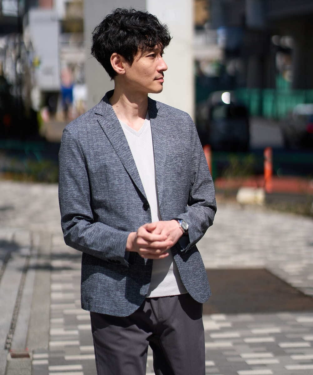 KHJGD74129 a.v.v MEN(アー・ヴェ・ヴェ) 【イージーケア/洗濯機で洗える/速乾/毛玉になりにくい/ストレッチ】サッカーハニカムプリントスマートジャケット ネイビー