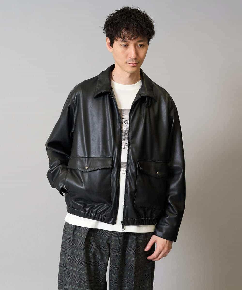 KHJJA12129 a.v.v MEN(アー・ヴェ・ヴェ) 【洗濯機で洗える】フェイクレザーブルゾン ブラック