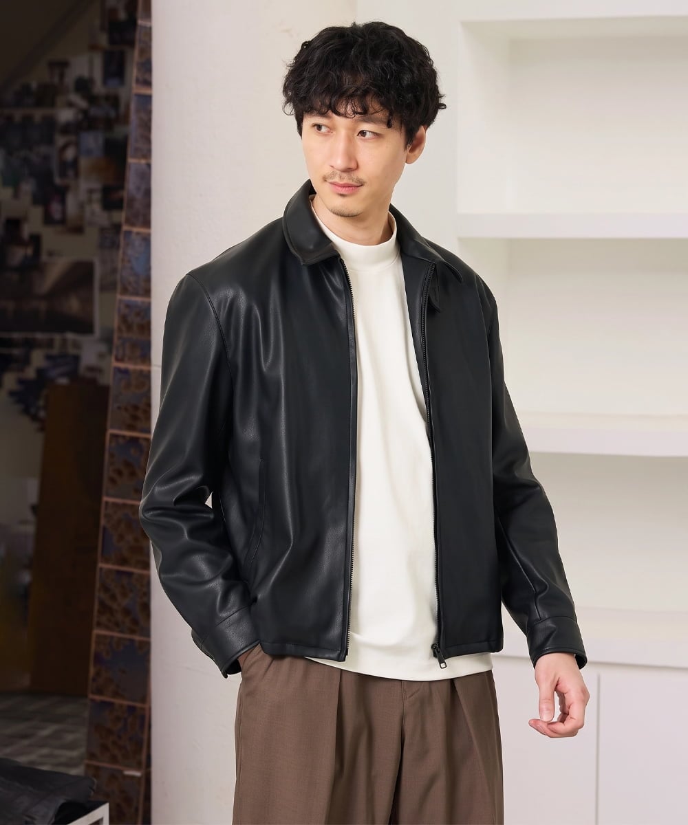 KHJJD12139 a.v.v MEN(アー・ヴェ・ヴェ) ＼大人カジュアルに欠かせない／フェイクレザーショートブルゾン【洗濯機で洗える】 ブラック