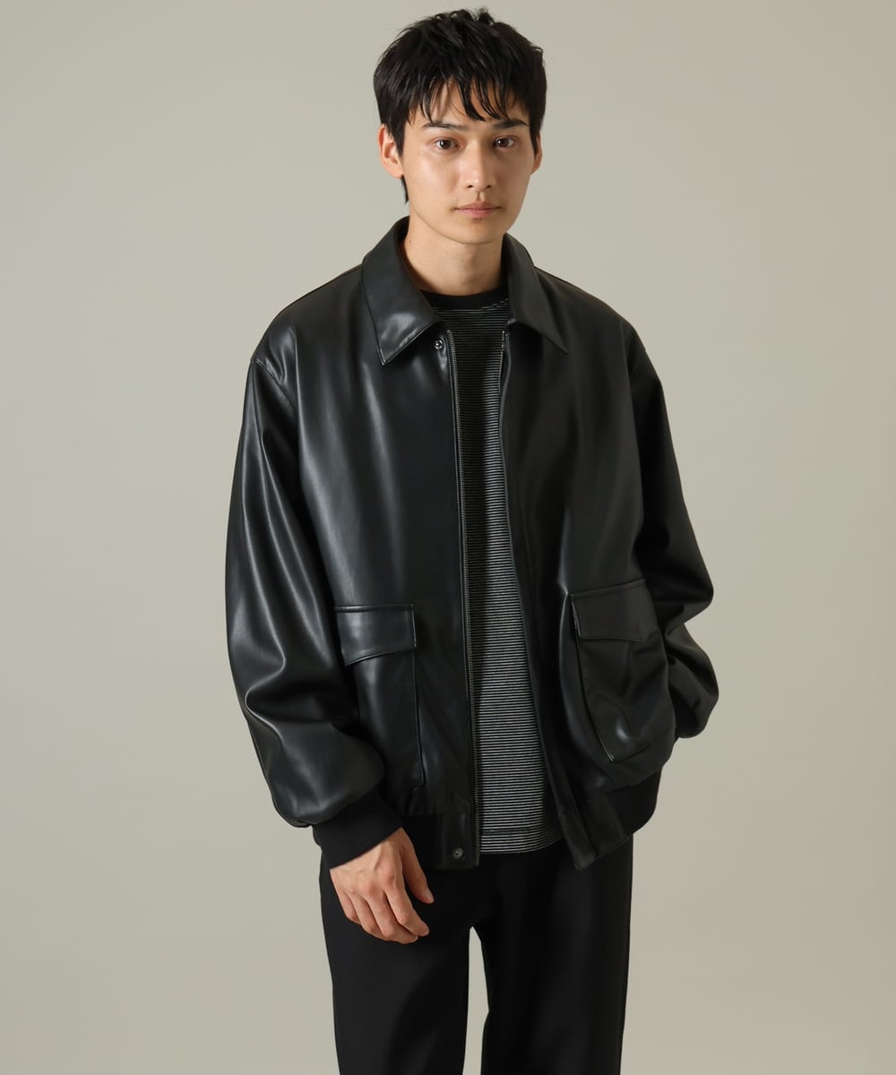 KHJJV12129 a.v.v MEN(アー・ヴェ・ヴェ) 【洗濯機で洗える】フェイクレザーブルゾン ブラック