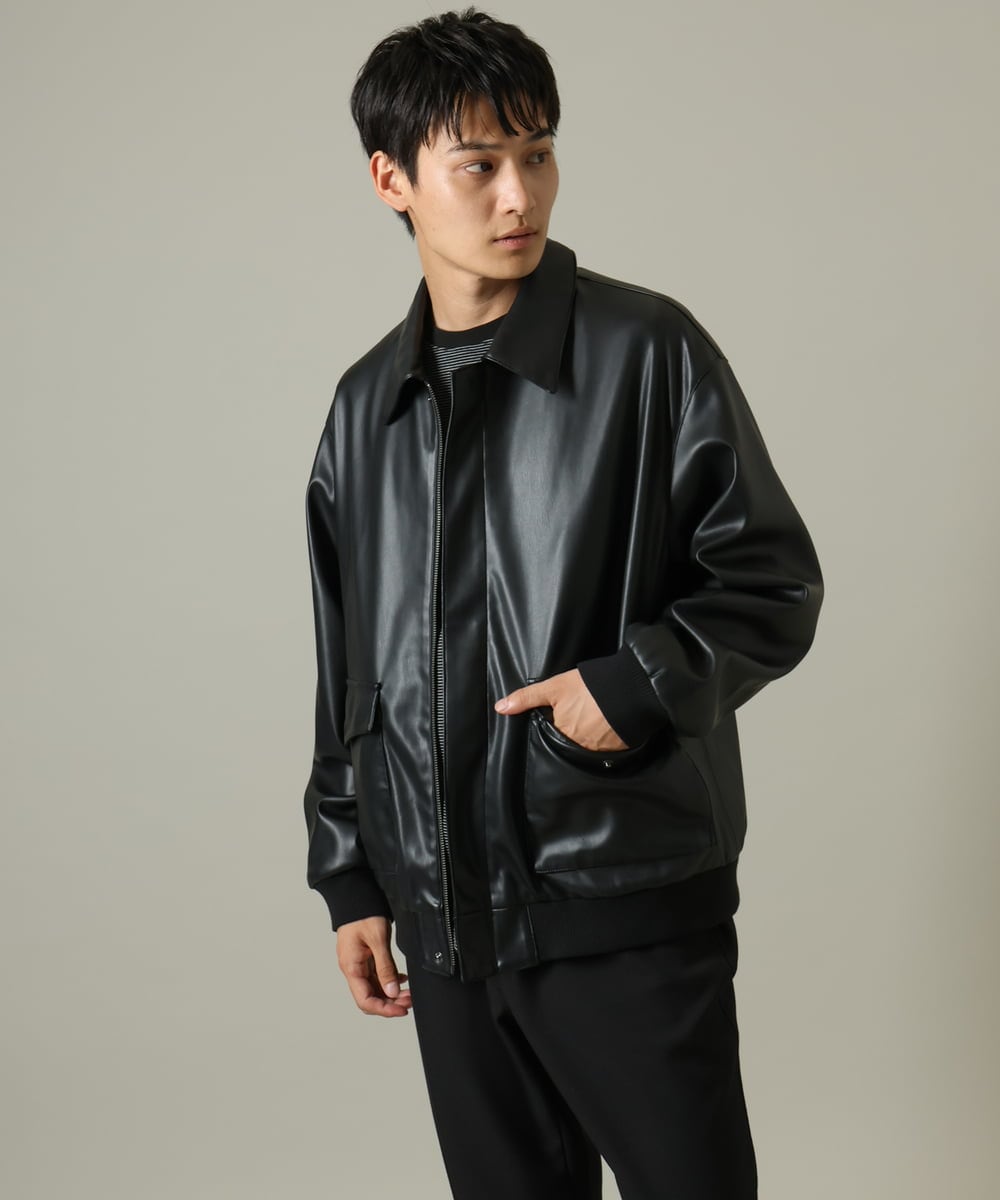 KHJJV12129 a.v.v MEN(アー・ヴェ・ヴェ) 【洗濯機で洗える】フェイクレザーブルゾン ブラック