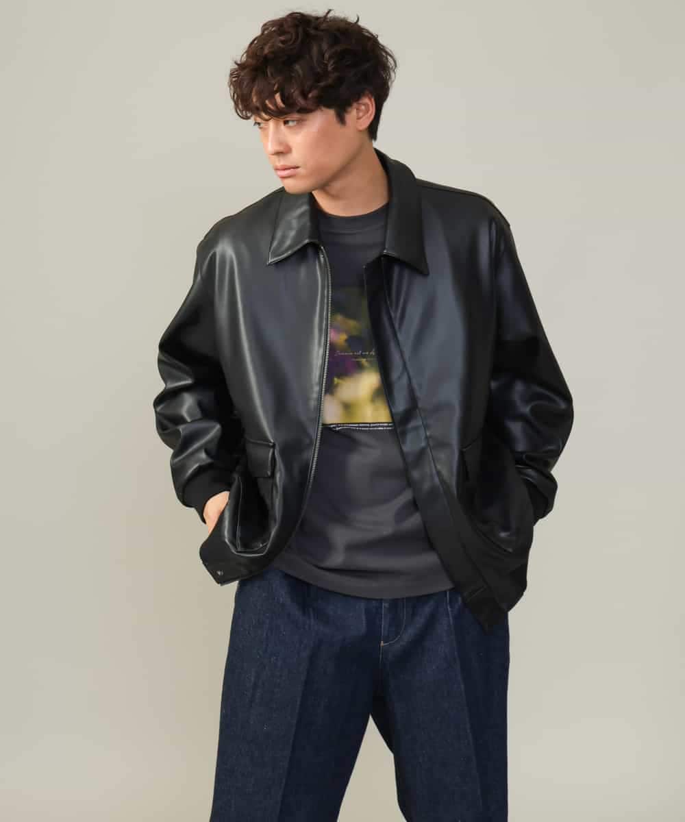 KHJJV12129 a.v.v MEN(アー・ヴェ・ヴェ) 【洗濯機で洗える】フェイクレザーブルゾン ブラック
