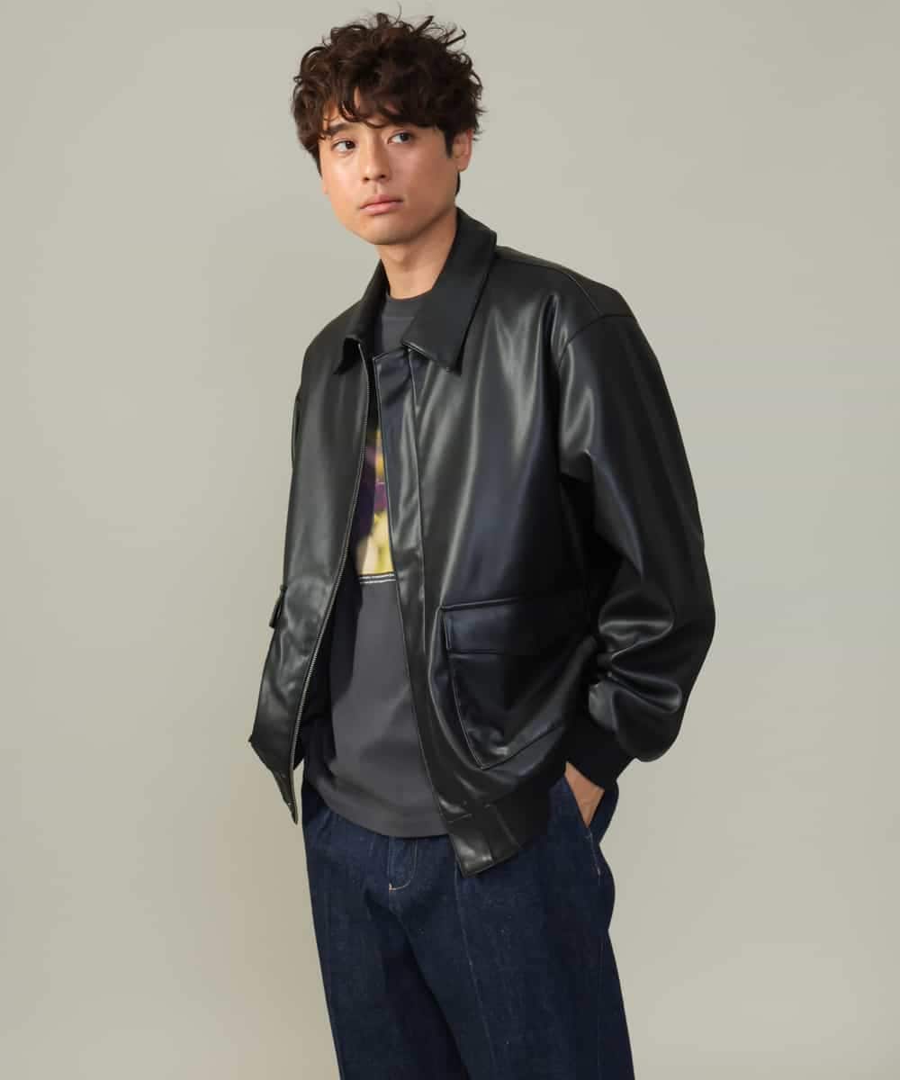 KHJJV12129 a.v.v MEN(アー・ヴェ・ヴェ) 【洗濯機で洗える】フェイクレザーブルゾン ブラック