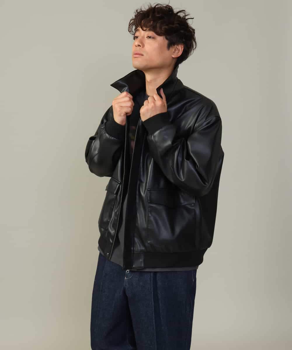 KHJJV12129 a.v.v MEN(アー・ヴェ・ヴェ) 【洗濯機で洗える】フェイクレザーブルゾン ブラック