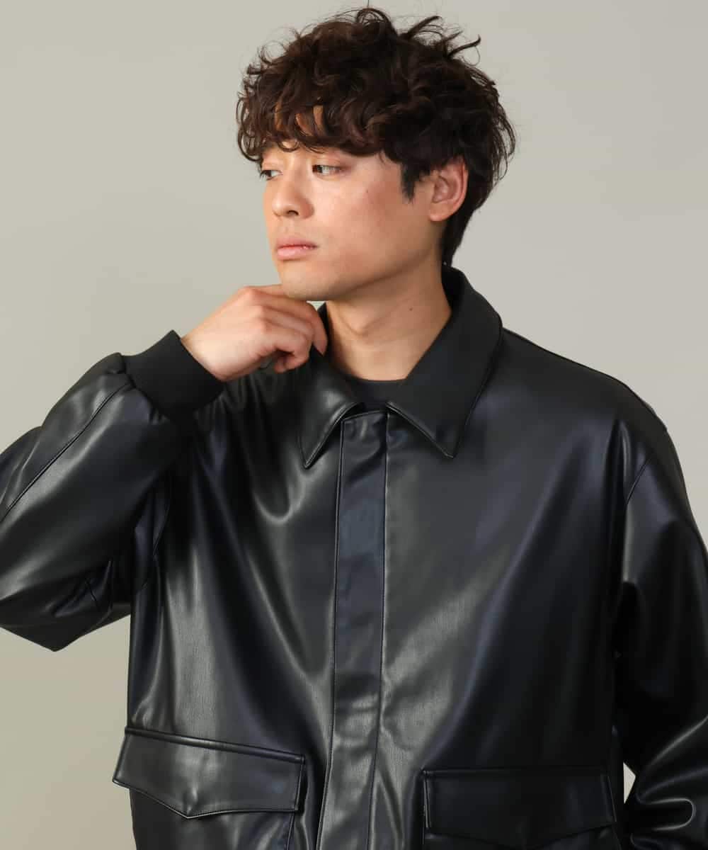 KHJJV12129 a.v.v MEN(アー・ヴェ・ヴェ) 【洗濯機で洗える】フェイクレザーブルゾン ブラック