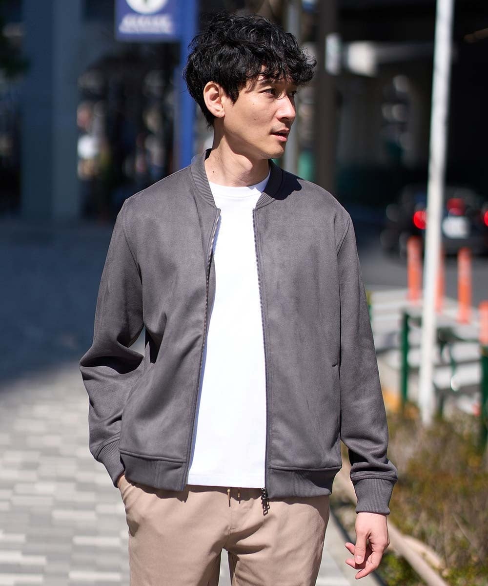 KHJKA11099 a.v.v MEN 春の行楽におすすめ！フェイクスエードライトリブブルゾン【イージーケア/ストレッチ/洗濯機で洗える】