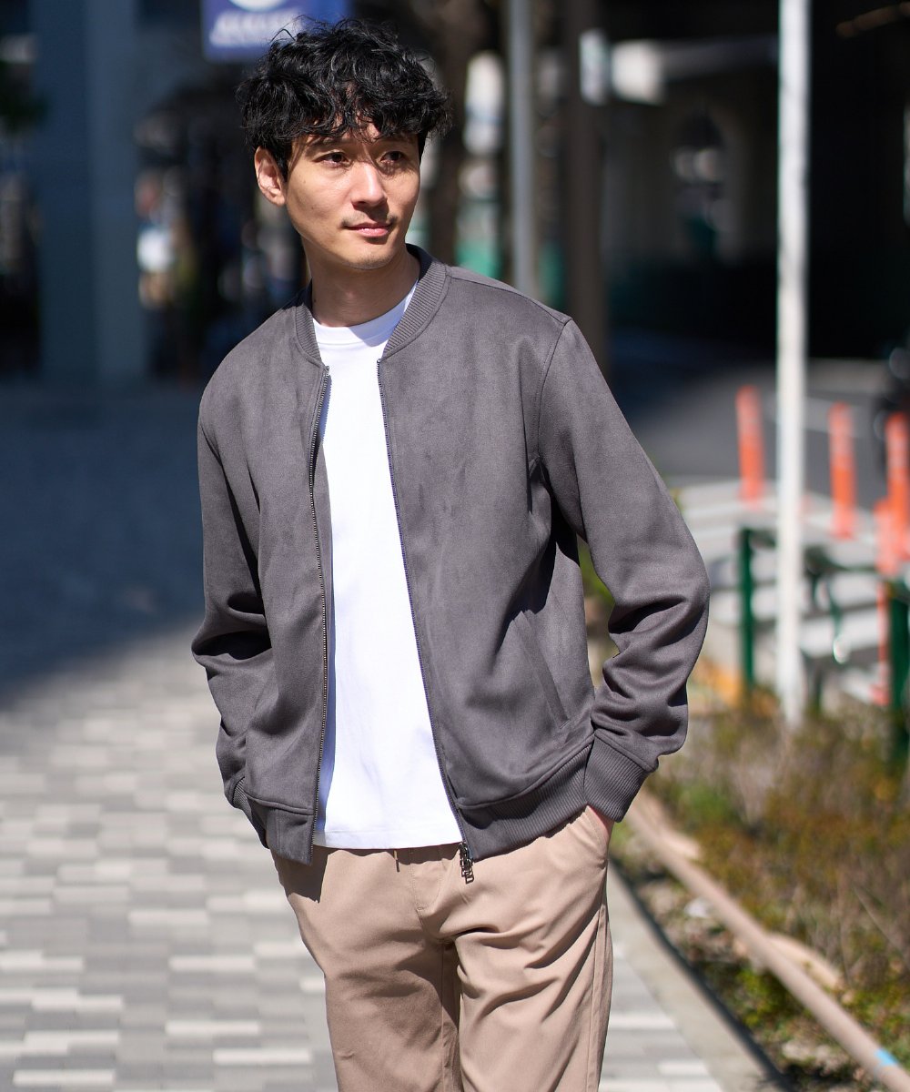 KHJKA11099 a.v.v MEN(アー・ヴェ・ヴェ) 春の行楽におすすめ！フェイクスエードライトリブブルゾン【イージーケア/ストレッチ/洗濯機で洗える】 ダークグレー