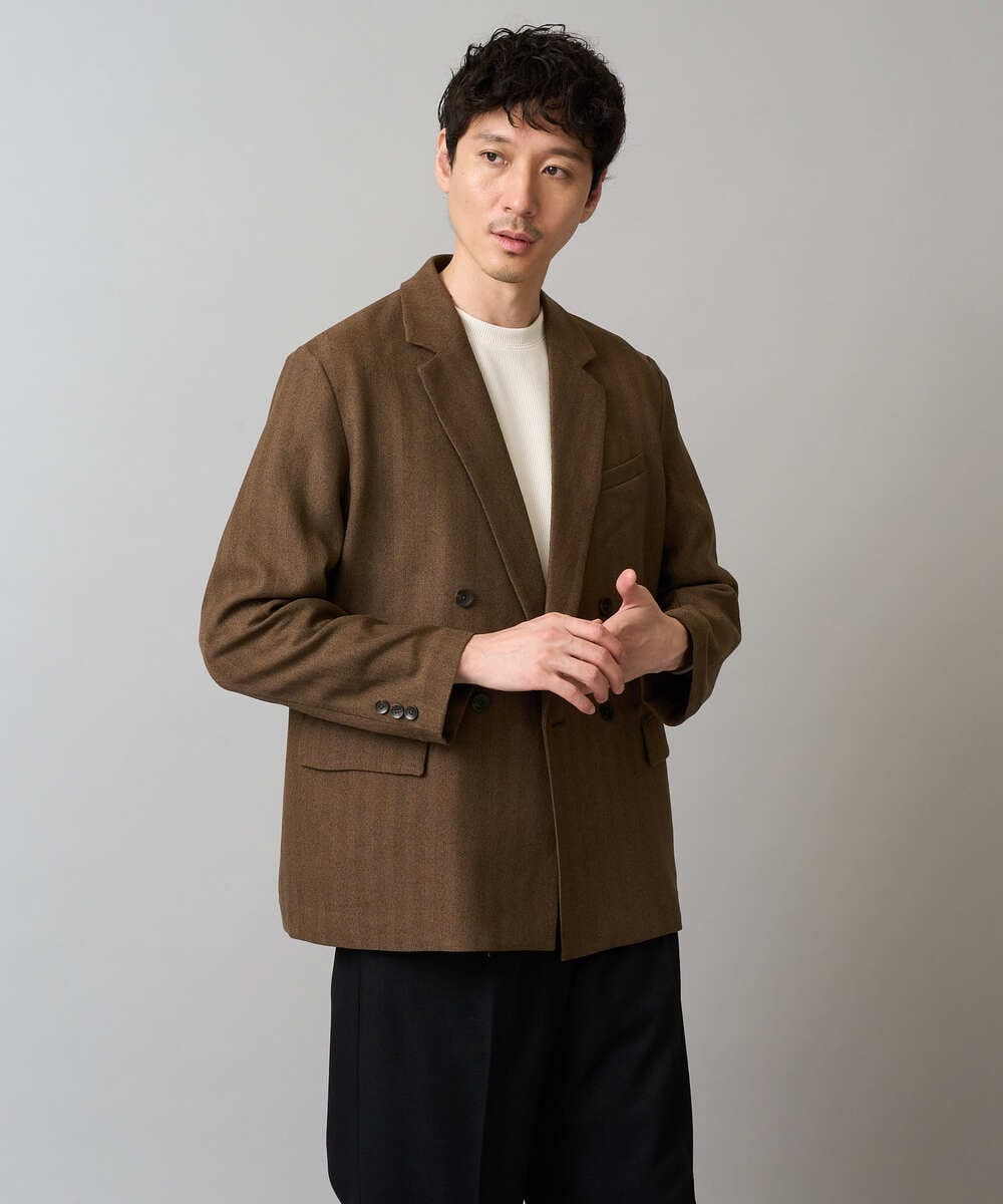 KHJLA29119 a.v.v MEN(アー・ヴェ・ヴェ) 【イージーケア/毛玉になりにくい】LANATECヘリンボーンダブルブレストジャケット【ストレッチ/洗濯機で洗える】 ブラウン