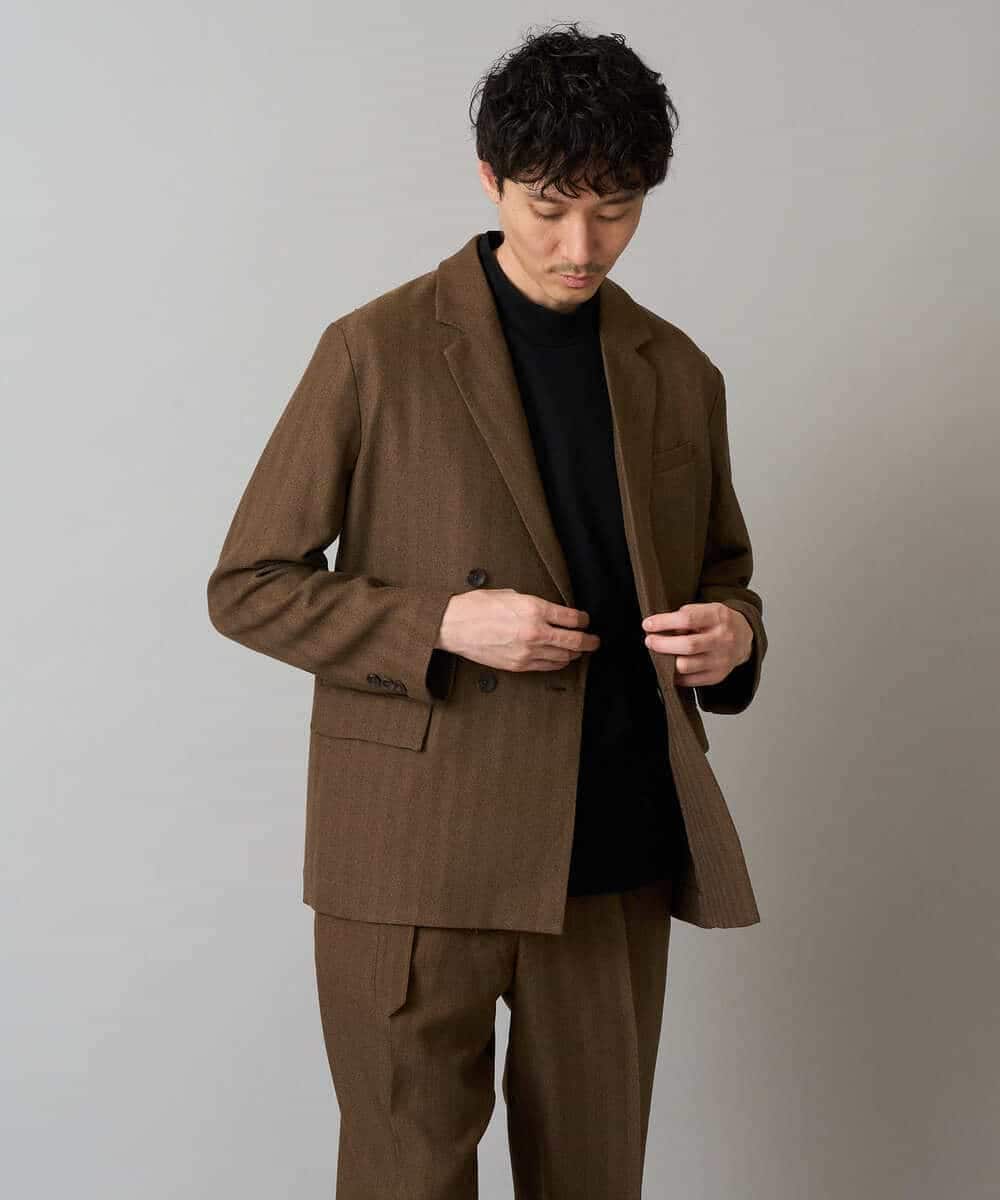KHJLA29119 a.v.v MEN(アー・ヴェ・ヴェ) 【イージーケア/毛玉になりにくい】LANATECヘリンボーンダブルブレストジャケット【ストレッチ/洗濯機で洗える】 ブラウン