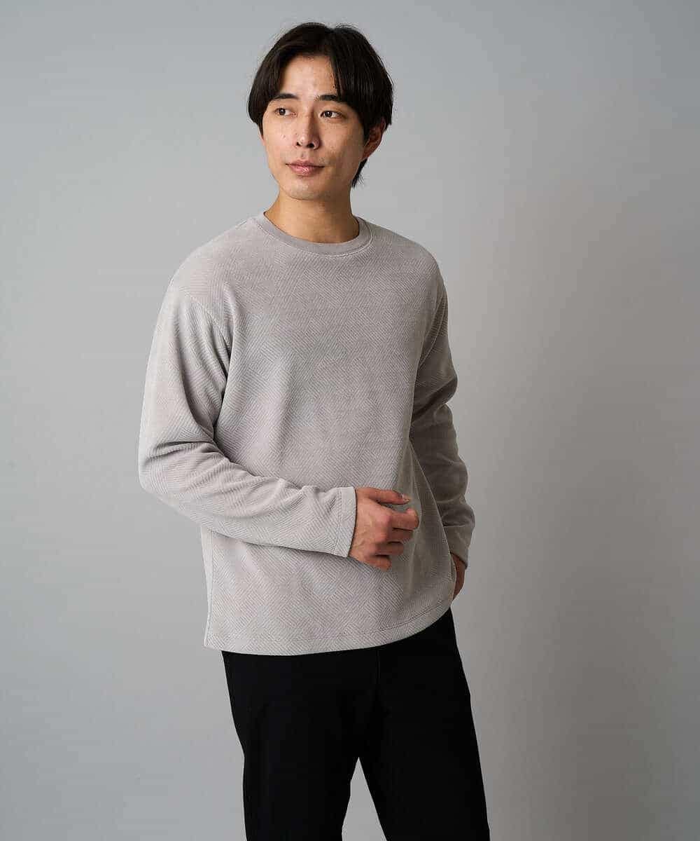 KHKAD62049 a.v.v MEN(アー・ヴェ・ヴェ) 【洗濯機で洗える】モール幾何ジャカードクルーネックプルオーバー ライトグレー