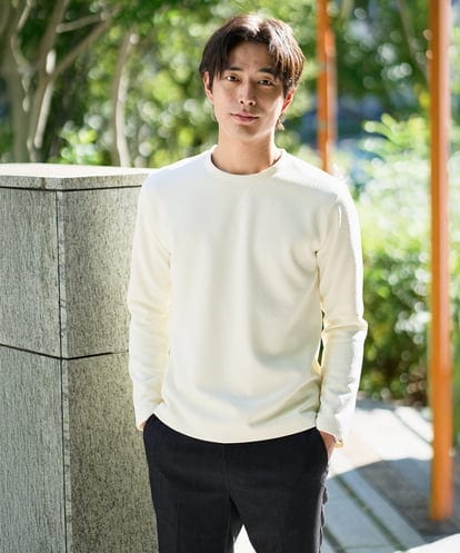 KHKAD79049 a.v.v MEN 【イージーケア/毛玉になりにくい】バスケットジャカードクルーネックスマートTシャツ【洗濯機で洗える】<ON/OFF SERIES>