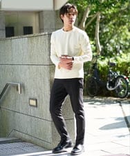 KHKAD79049 a.v.v MEN(アー・ヴェ・ヴェ) 【イージーケア/毛玉になりにくい】バスケットジャカードクルーネックスマートTシャツ【洗濯機で洗える】<ON/OFF SERIES> ダークグレー