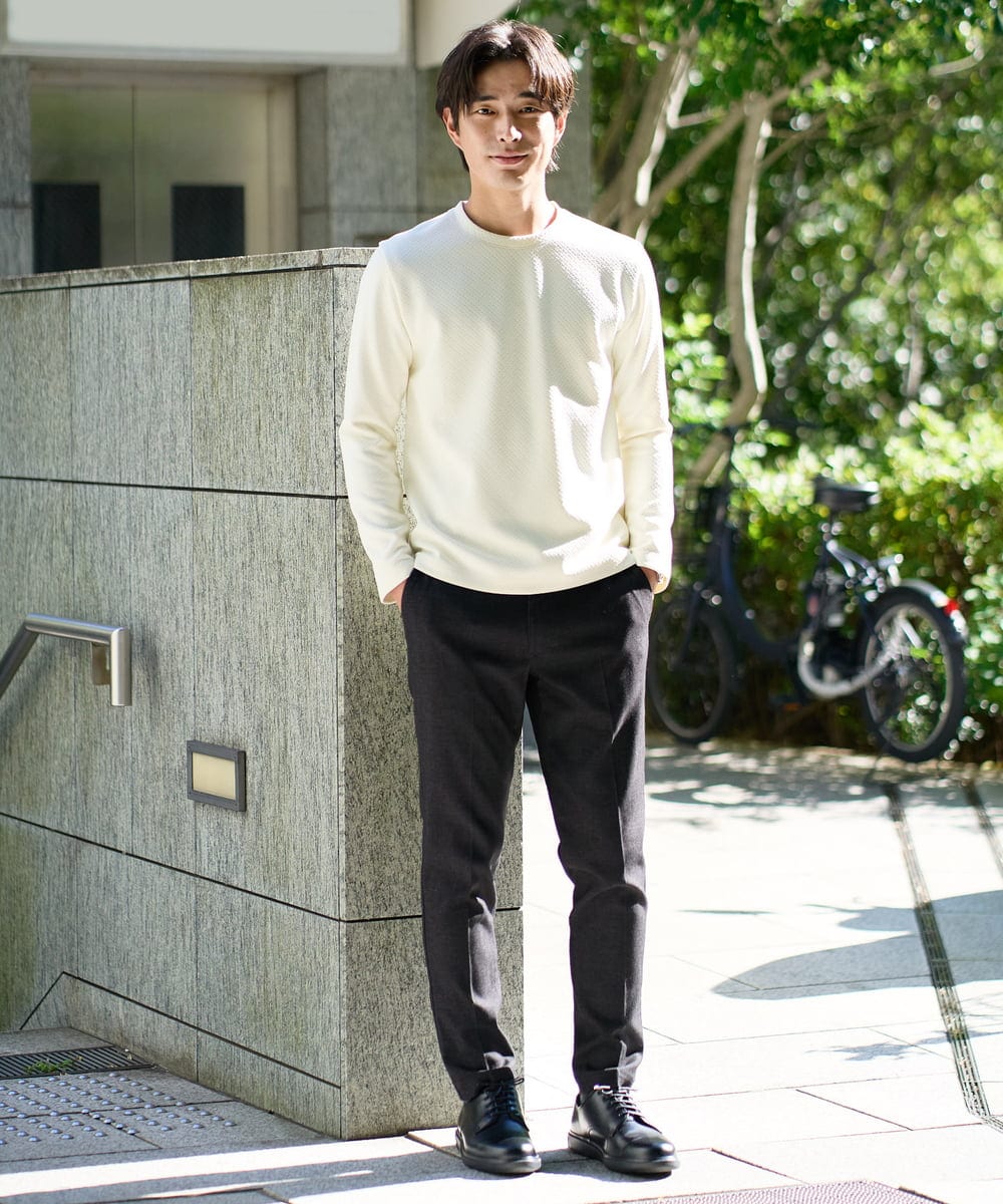 KHKAD79049 a.v.v MEN(アー・ヴェ・ヴェ) 【イージーケア/毛玉になりにくい】バスケットジャカードクルーネックスマートTシャツ【洗濯機で洗える】<ON/OFF SERIES> ダークグレー