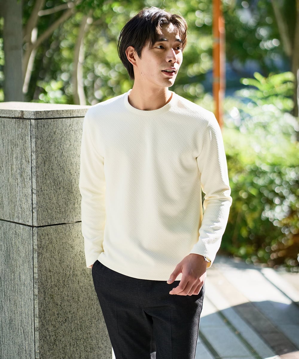 KHKAD79049 a.v.v MEN(アー・ヴェ・ヴェ) 【イージーケア/毛玉になりにくい】バスケットジャカードクルーネックスマートTシャツ【洗濯機で洗える】<ON/OFF SERIES> ダークグレー