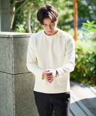 KHKAD79049 a.v.v MEN(アー・ヴェ・ヴェ) 【イージーケア/毛玉になりにくい】バスケットジャカードクルーネックスマートTシャツ【洗濯機で洗える】<ON/OFF SERIES> ダークグレー